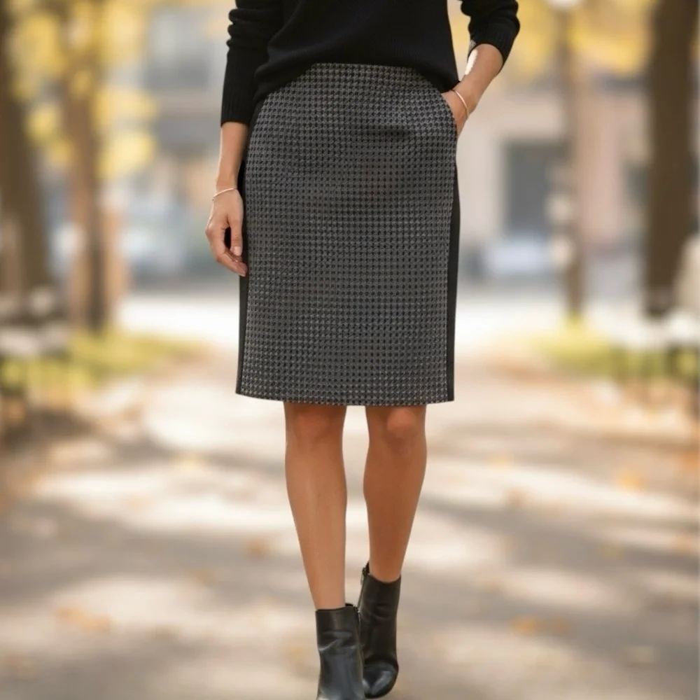 J Crew 100% Wool Pencil Skirt Houndstooth Women’s Size 4 Black Gray Career